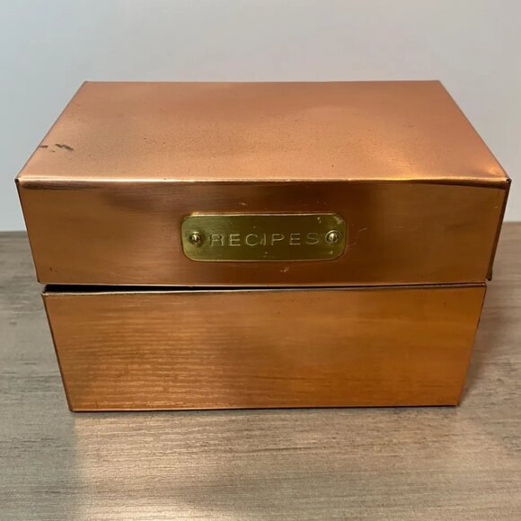 Vintage Copper Recipe Box & Brass Tag No Cards Farmhouse Kitchen Decor - Picture 1 of 9